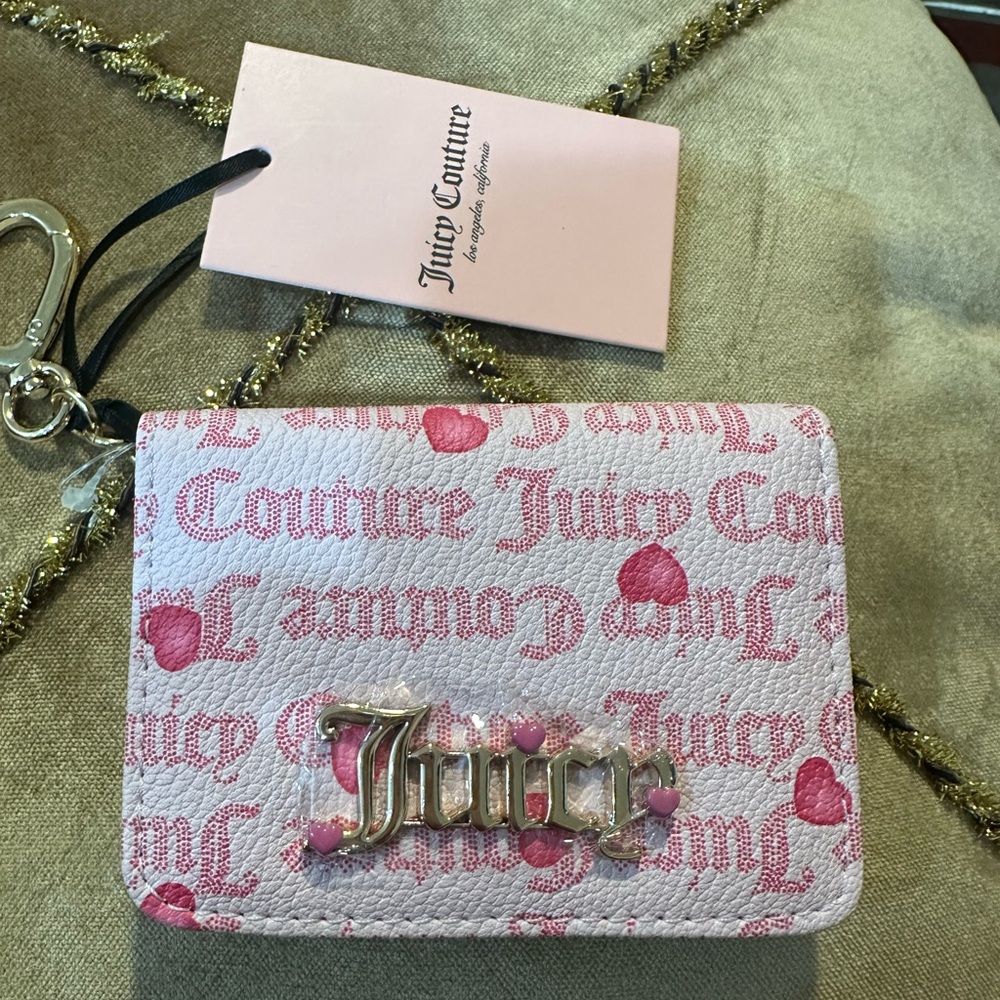 Juicy Couture Card Case Key Fob Wallet V-I Heart Juicy In Chiffon Pink New